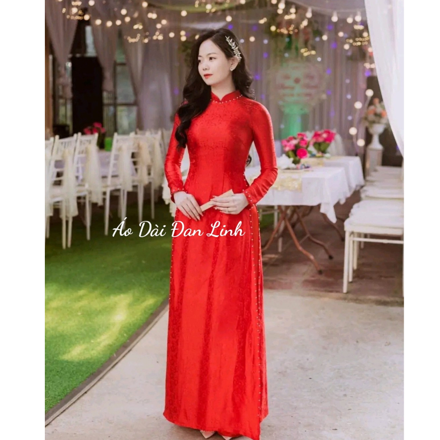 Áo dài gấm đỏ kết ngọc trẻ trung, sang trọng - Áo Dài Đan Linh