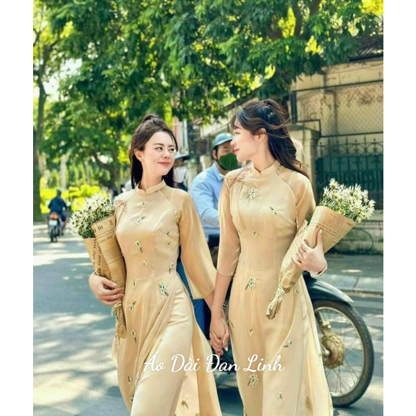 Áo dài ải tơ thêu cao cấp màu da - Áo Dài Đan Linh