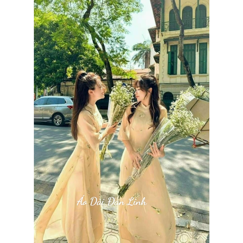 Áo dài ải tơ thêu cao cấp màu da - Áo Dài Đan Linh
