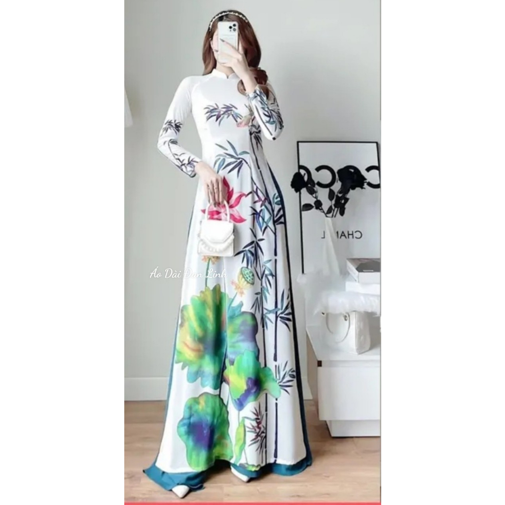 Áo dài n 3D màu trắng họa tiết hoa sen - Áo Dài Đan Linh