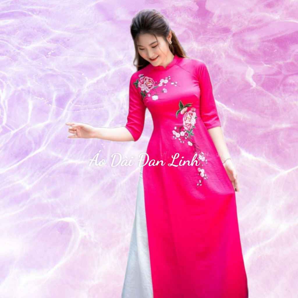 Áo dài cách tân tơ thêu màu hồng- Áo Dài Đan Linh