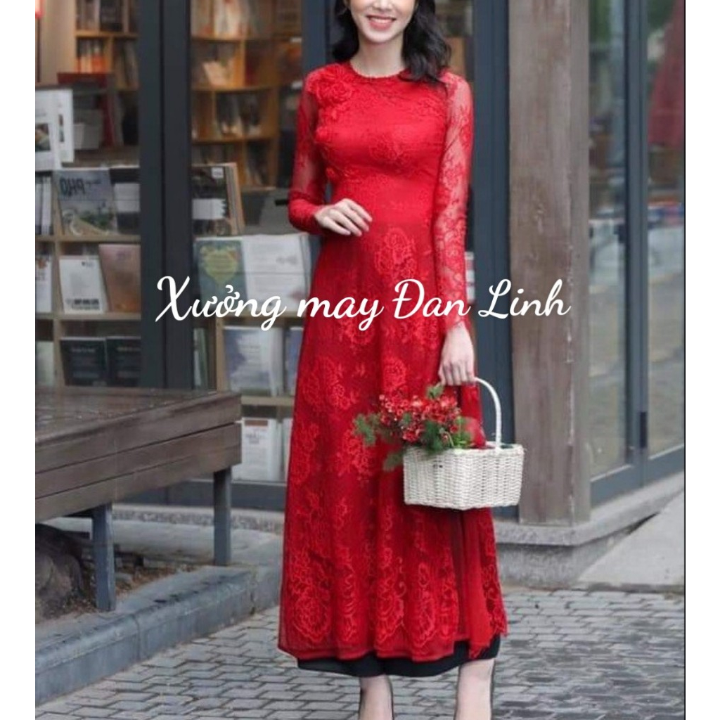 Áo dài ren 4 tà kết hoa pù hợp mặc dự tiệc, cưới hỏi, chụp hình - Áo Dài Đan Linh