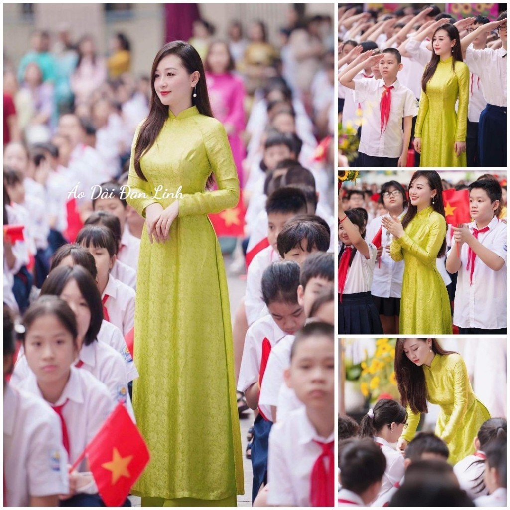 Áo dài gấm cao cấp màu cốm mẫu cô gáo Hà Thành - Áo Dài Đan Linh