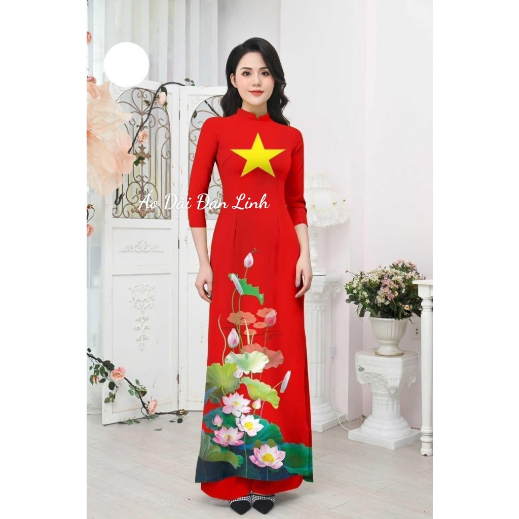 Áo dài cờ đỏ sao vàng in hoa sen - Áo Dài Đan Linh