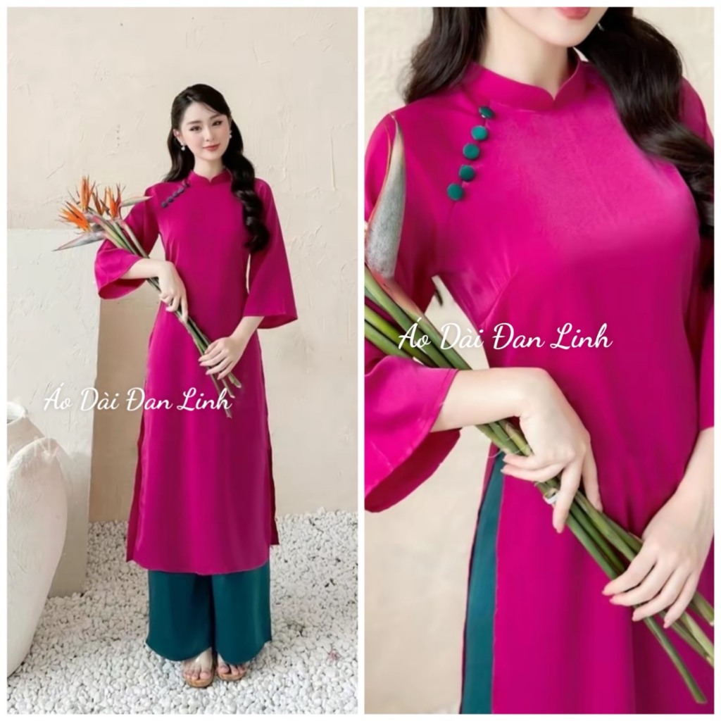 Áo dài tết 2024 dáng cách tân màu hồng tím lụa mềm đính cúc xinh - Áo Dài Đan Linh
