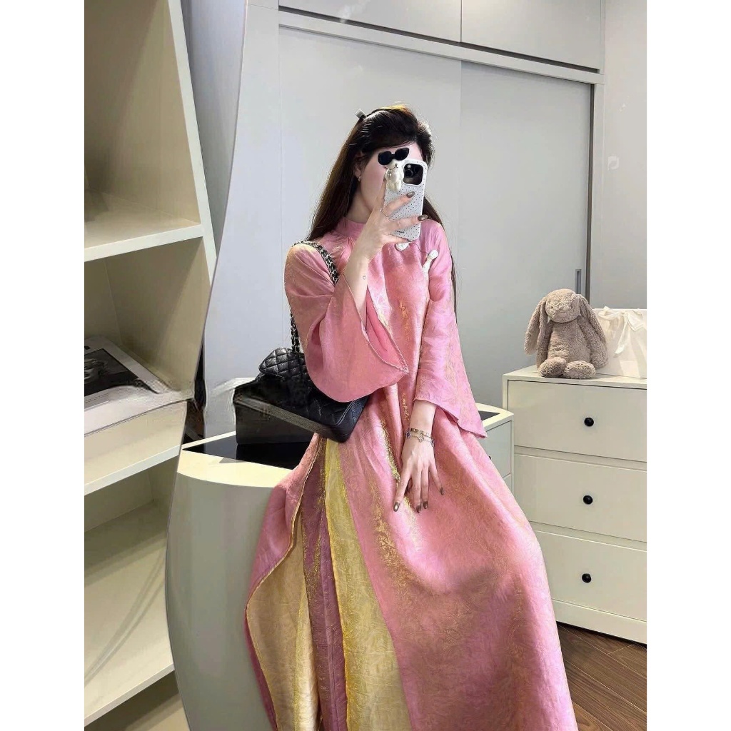 Áo dài màu hồng suông 4 tà vải tằm nha xá cao cấp - Áo Dài Linh Đan