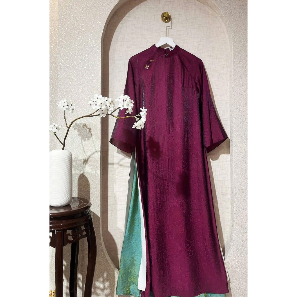 Áo dài màu tímsuông 4 tà vải tằm nha xá cao cấp - Áo Dài Linh Đan