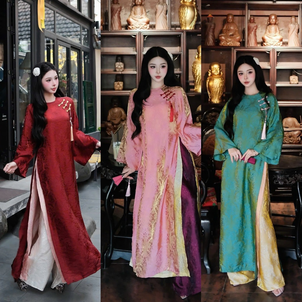 Đủ màu áo dài suông 4 tà cổ tròn vải tằm nha xá cao cấp - Áo Dài Linh Đan