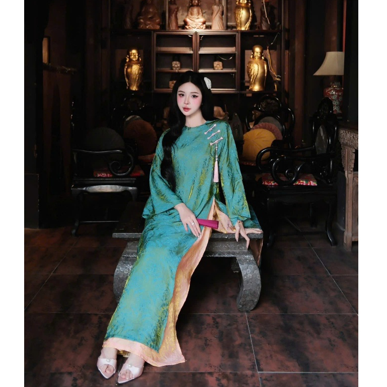 Đủ màu áo dài suông 4 tà cổ tròn vải tằm nha xá cao cấp - Áo Dài Linh Đan