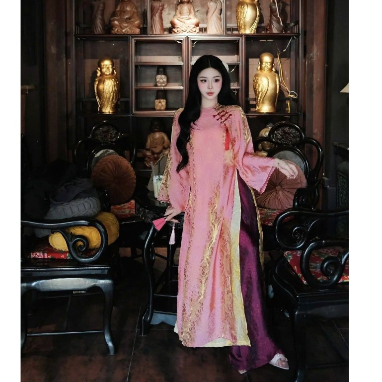 Đủ màu áo dài suông 4 tà cổ tròn vải tằm nha xá cao cấp - Áo Dài Linh Đan