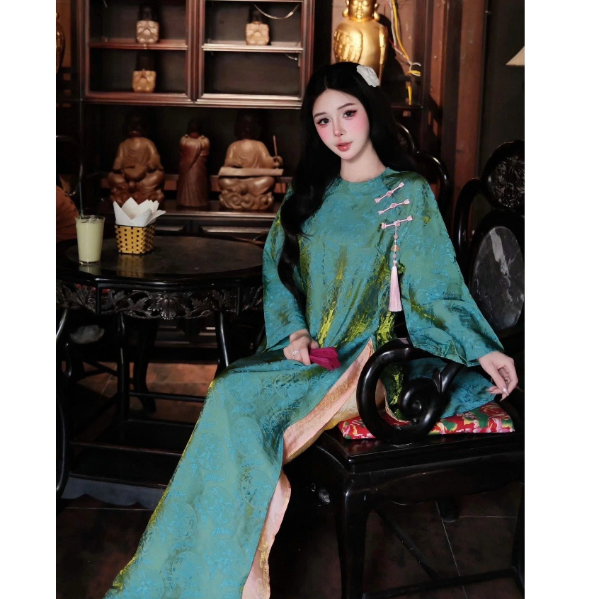 Đủ màu áo dài suông 4 tà cổ tròn vải tằm nha xá cao cấp - Áo Dài Linh Đan