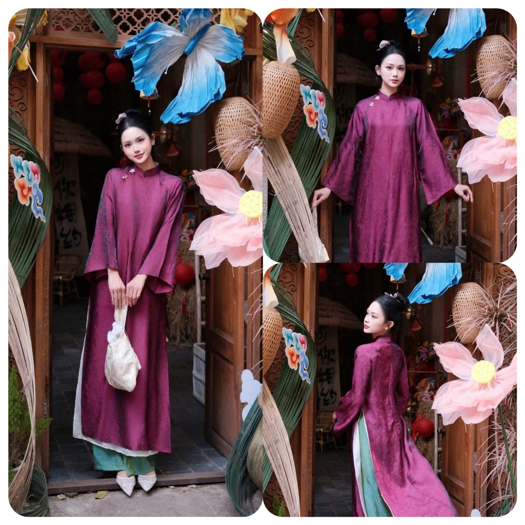 Áo dài màu tímsuông 4 tà vải tằm nha xá cao cấp - Áo Dài Linh Đan