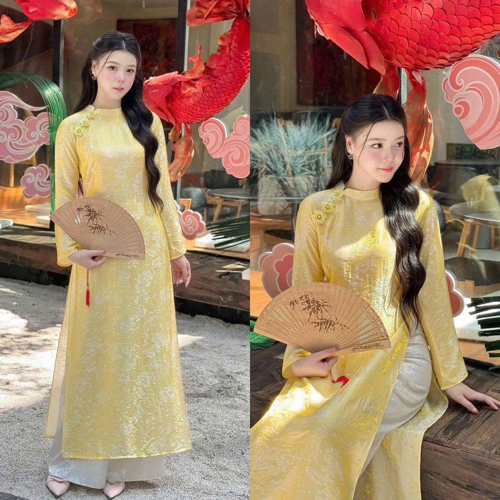 Đủ màu áo dài suông lụa tằm nha xá cao cấp đính hoa sứ trẻ trung - Áo Dài Linh Đan