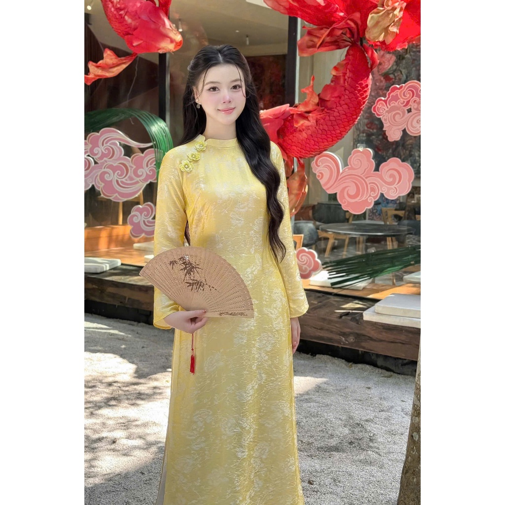 Áo dài suông lụa tằm nha xá cao cấp màu vàng thiết kế sang trọng - Áo Dài Linh Đan