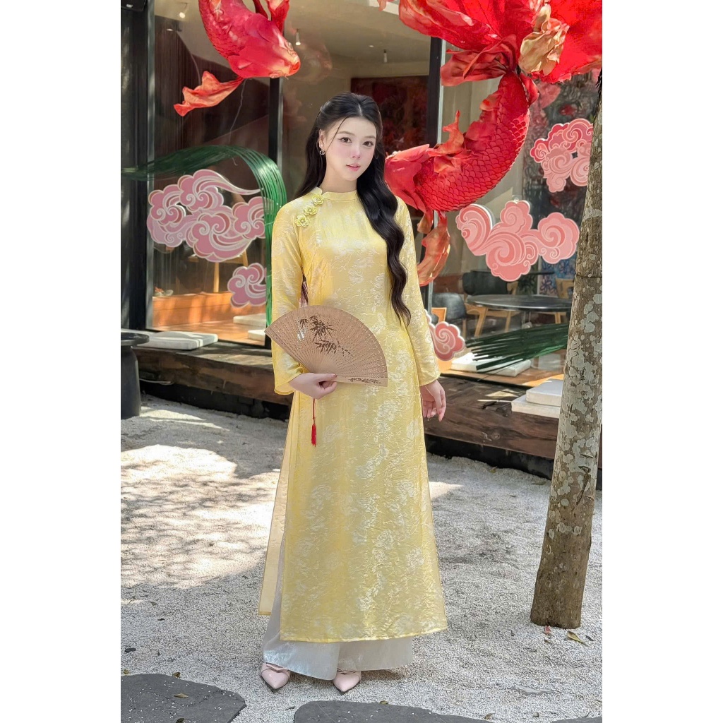 Đủ màu áo dài suông lụa tằm nha xá cao cấp đính hoa sứ trẻ trung - Áo Dài Linh Đan
