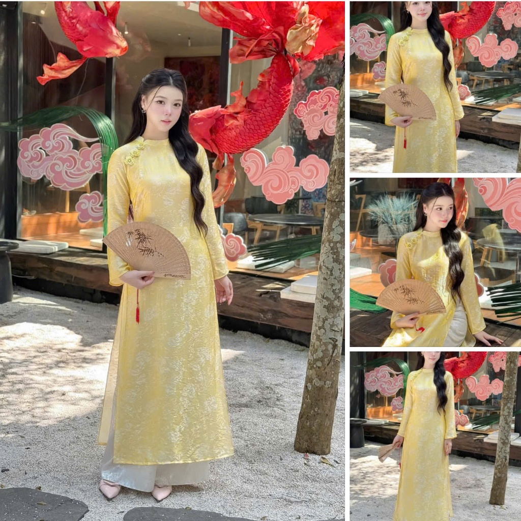 Áo dài suông lụa tằm nha xá cao cấp màu vàng thiết kế sang trọng - Áo Dài Linh Đan