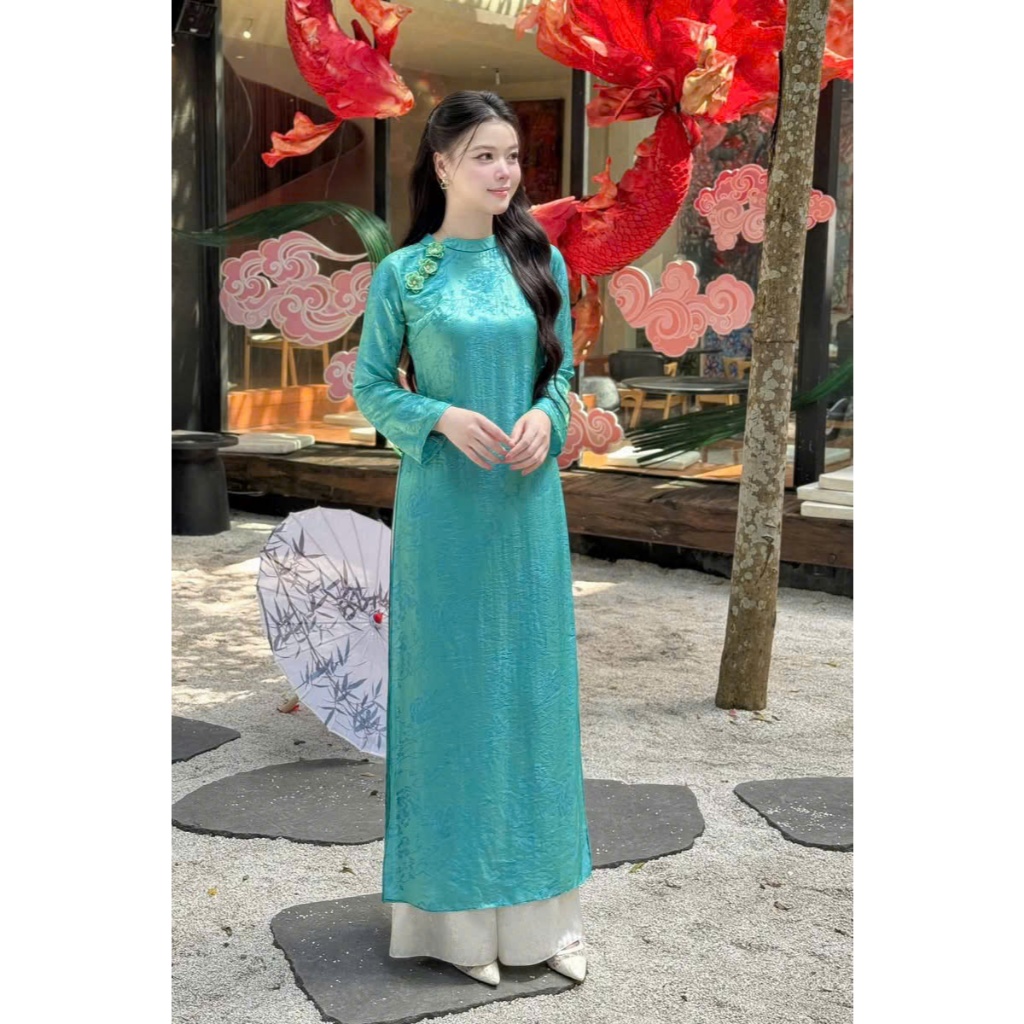 Đủ màu áo dài suông lụa tằm nha xá cao cấp đính hoa sứ trẻ trung - Áo Dài Linh Đan