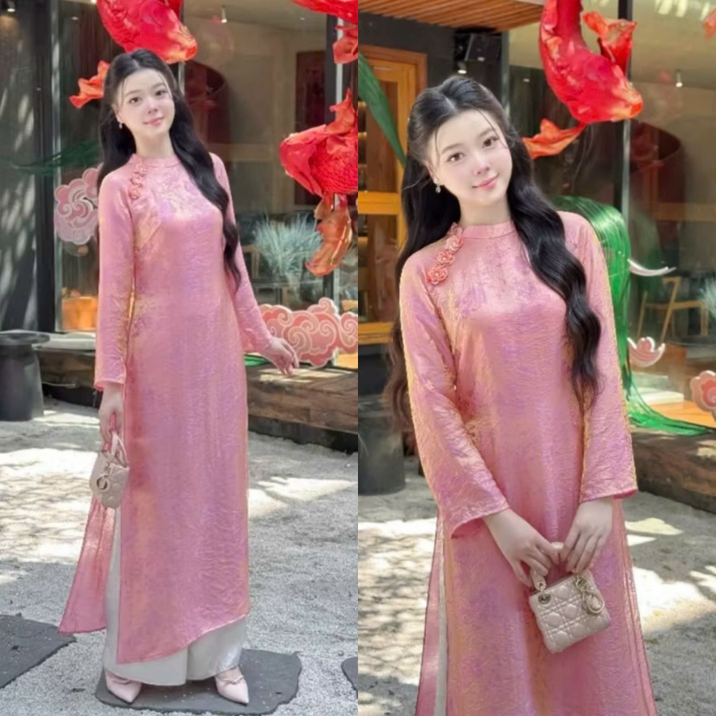 Đủ màu áo dài suông lụa tằm nha xá cao cấp đính hoa sứ trẻ trung - Áo Dài Linh Đan