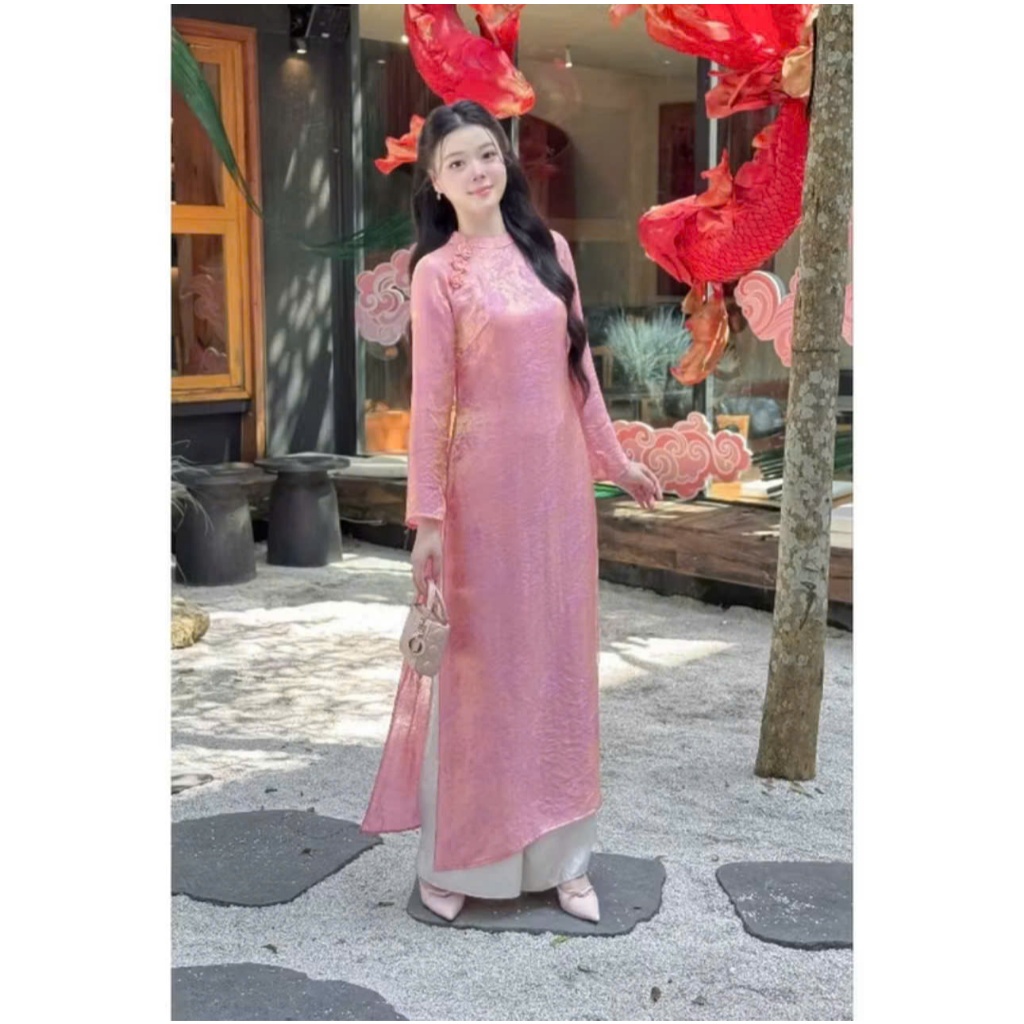 Đủ màu áo dài suông lụa tằm nha xá cao cấp đính hoa sứ trẻ trung - Áo Dài Linh Đan