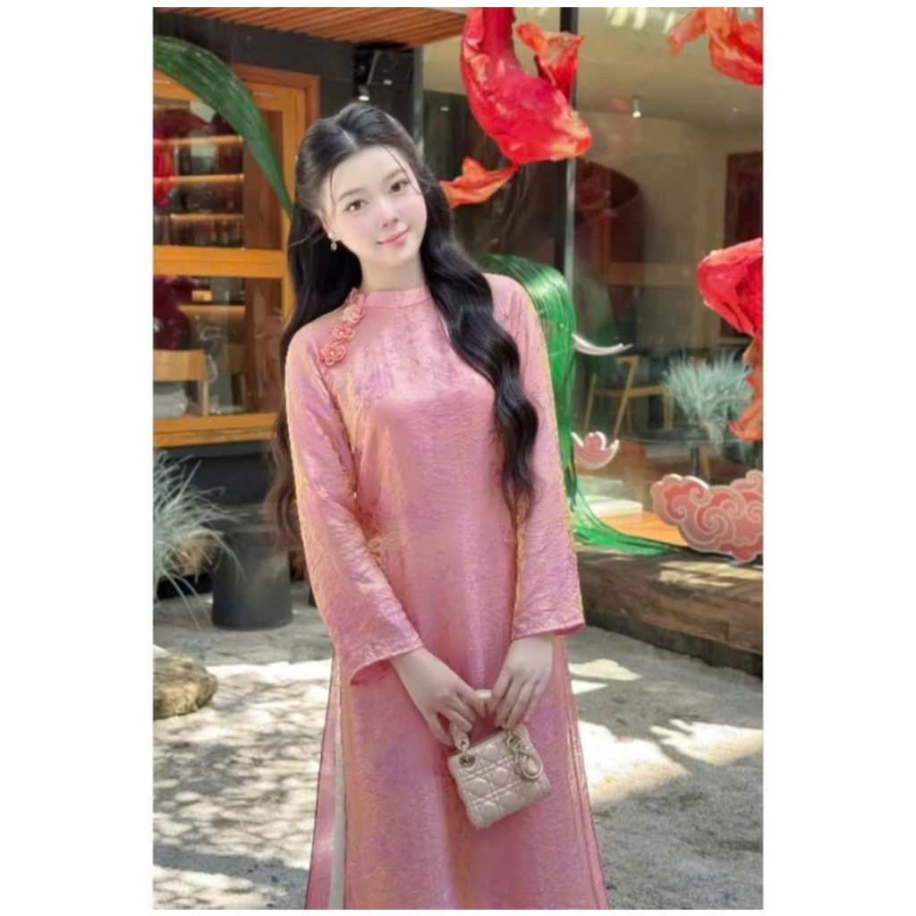 Đủ màu áo dài suông lụa tằm nha xá cao cấp đính hoa sứ trẻ trung - Áo Dài Linh Đan