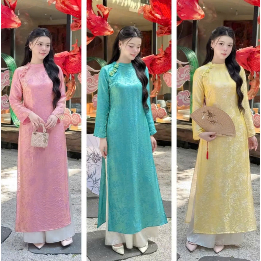 Đủ màu áo dài suông lụa tằm nha xá cao cấp đính hoa sứ trẻ trung - Áo Dài Linh Đan