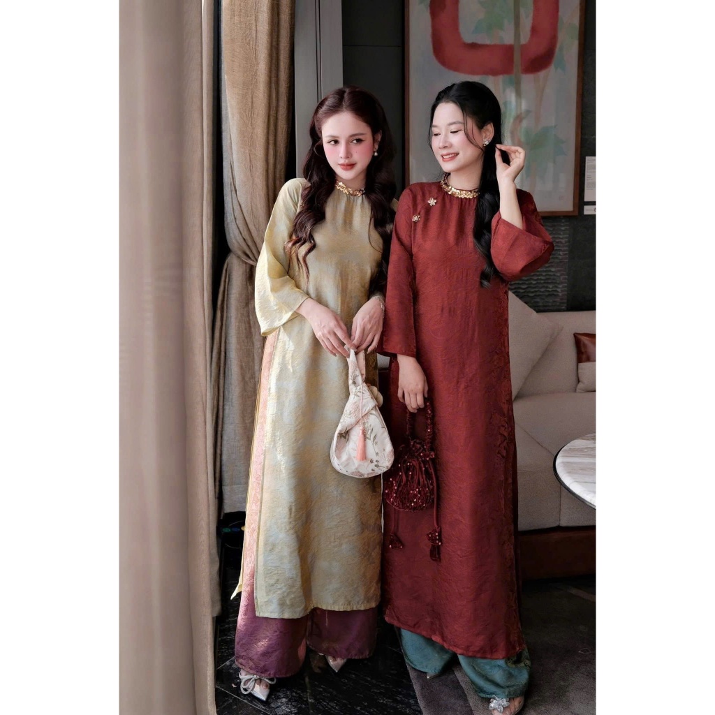 Áo Dài Cách Tân Tết Vải Lụa Tằm Óng Phối Quần Suông - Áo Dài Linh Đan