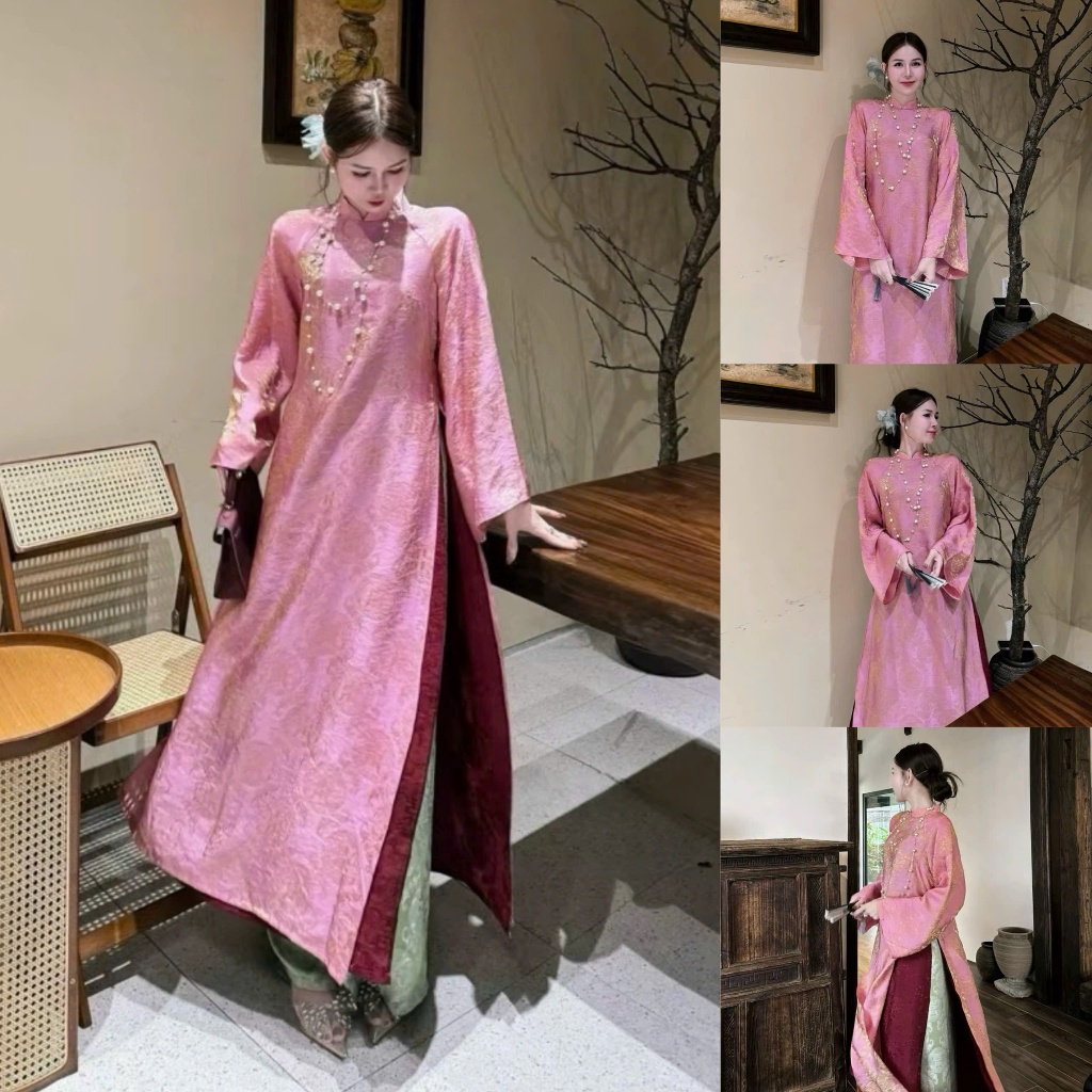 Áo dài suông 4 tà màu hồng trẻ trung, sang trọng vải lụa tằm nha xá cao cấp - Áo Dài Linh Đan