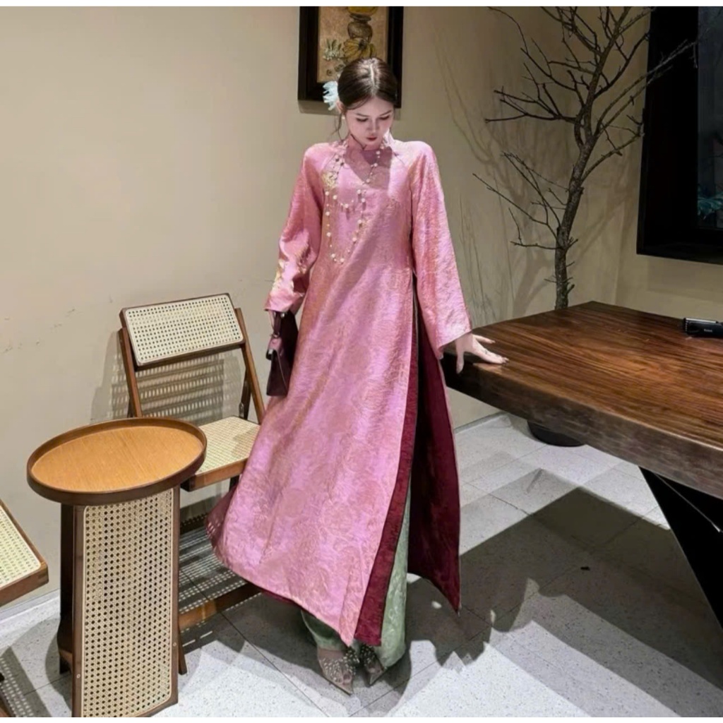 Áo dài suông 4 tà màu hồng trẻ trung vải lụa tằm nha xá cao cấp - Áo Dài Linh Đan