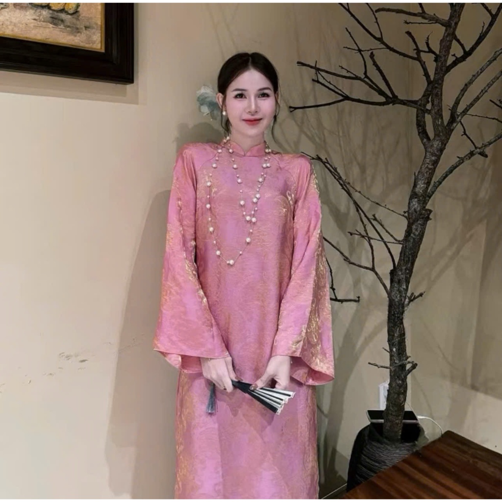 Áo dài suông 4 tà màu hồng trẻ trung, sang trọng vải lụa tằm nha xá cao cấp - Áo Dài Linh Đan