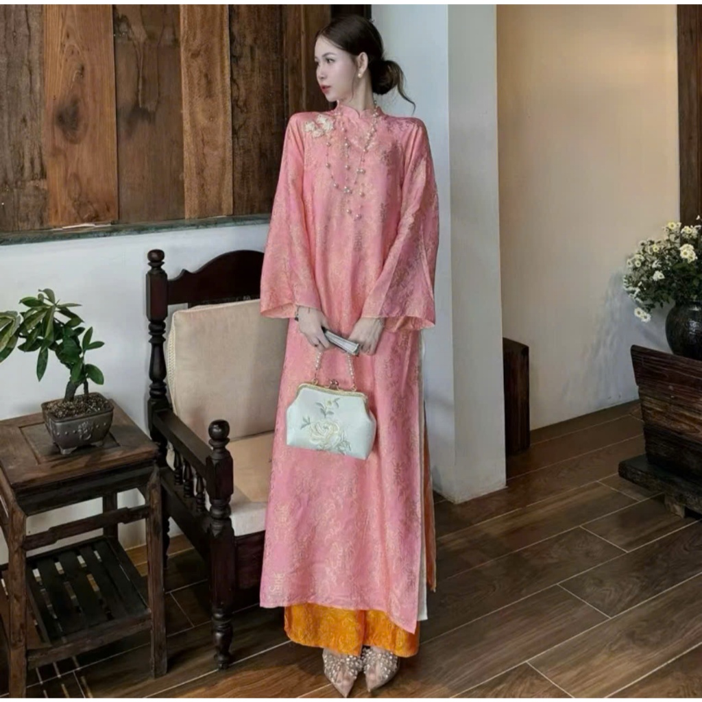 Áo dài suông 4 tà màu hồng phối quần cam trẻ trung sang trọng vải tằm nha xá cao cấp - Áo Dài Linh Đan