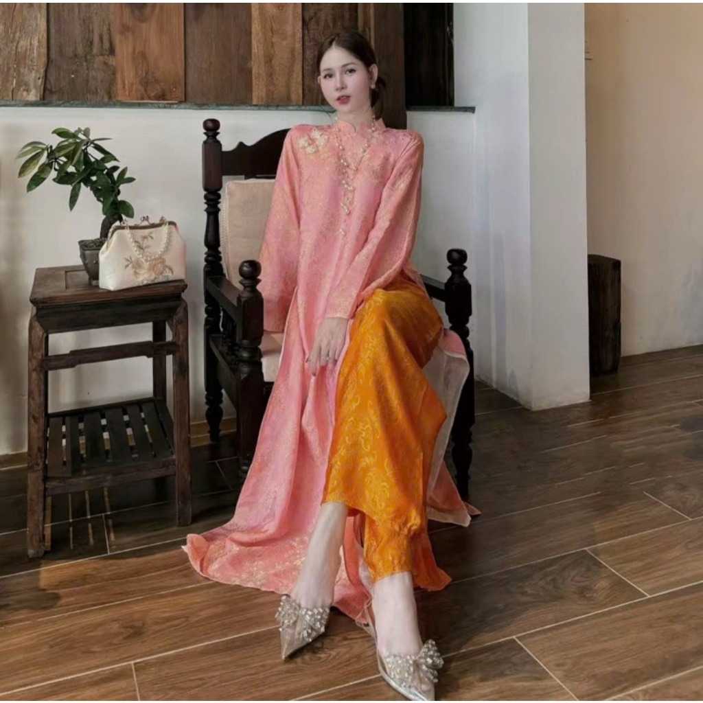 Áo dài suông 4 tà màu hồng phối quần cam trẻ trung sang trọng vải tằm nha xá cao cấp - Áo Dài Linh Đan