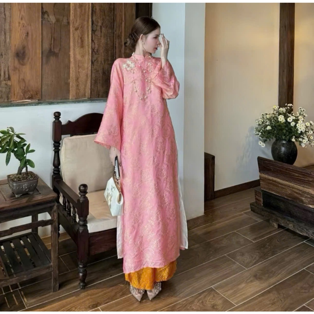 Áo dài suông 4 tà màu hồng phối quần cam trẻ trung sang trọng vải tằm nha xá cao cấp - Áo Dài Linh Đan
