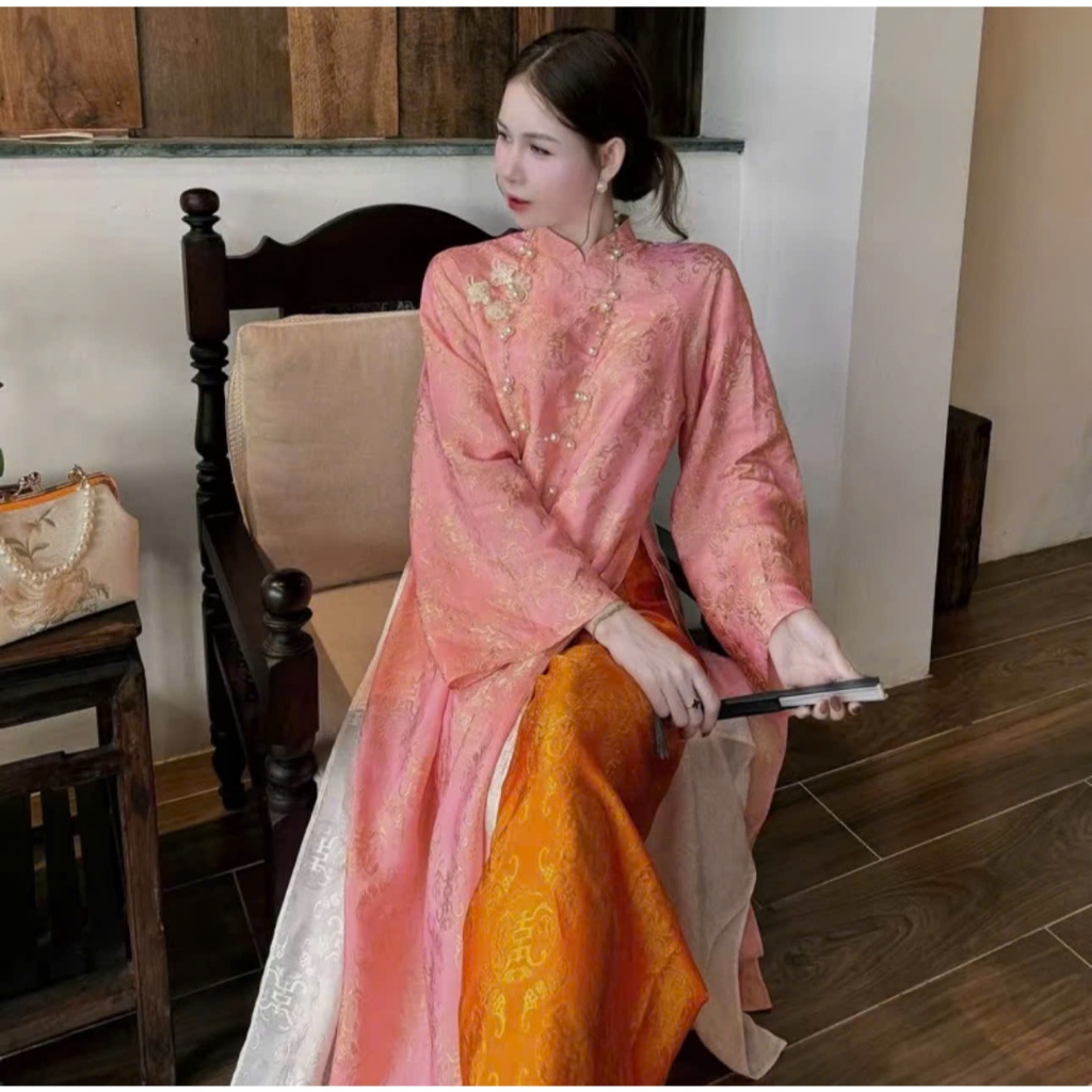 Áo dài suông 4 tà màu hồng phối quần cam trẻ trung sang trọng vải tằm nha xá cao cấp - Áo Dài Linh Đan