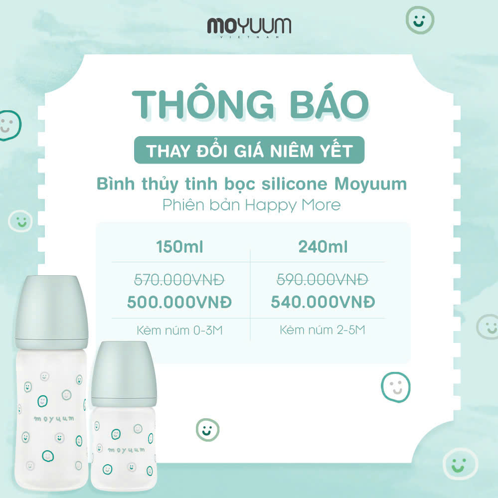 Thông báo điều chỉnh giá bán niêm yết sản phẩm bình thủy tinh bọc silicon Moyuum - Mẫu Happy More