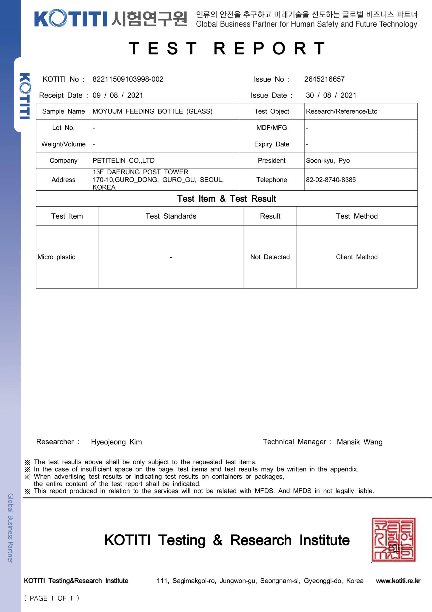 Kết quả kiểm định không chứa vi nhựa với sản phẩm bình Moyuum thủy tinh bọc silicone