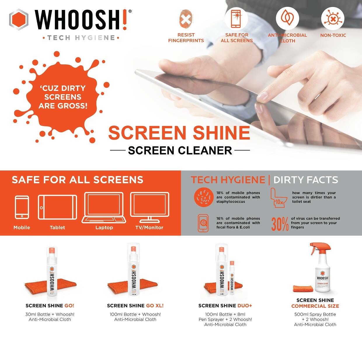 WHOOSH nước lau vệ sinh màn hình mắt kính cao cấp - 100ml + 1 khăn