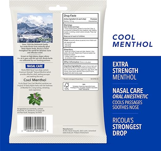 Kẹo ngậm Ricola Max Cool Menthol Nasal Care bạc hà - hàng Mỹ