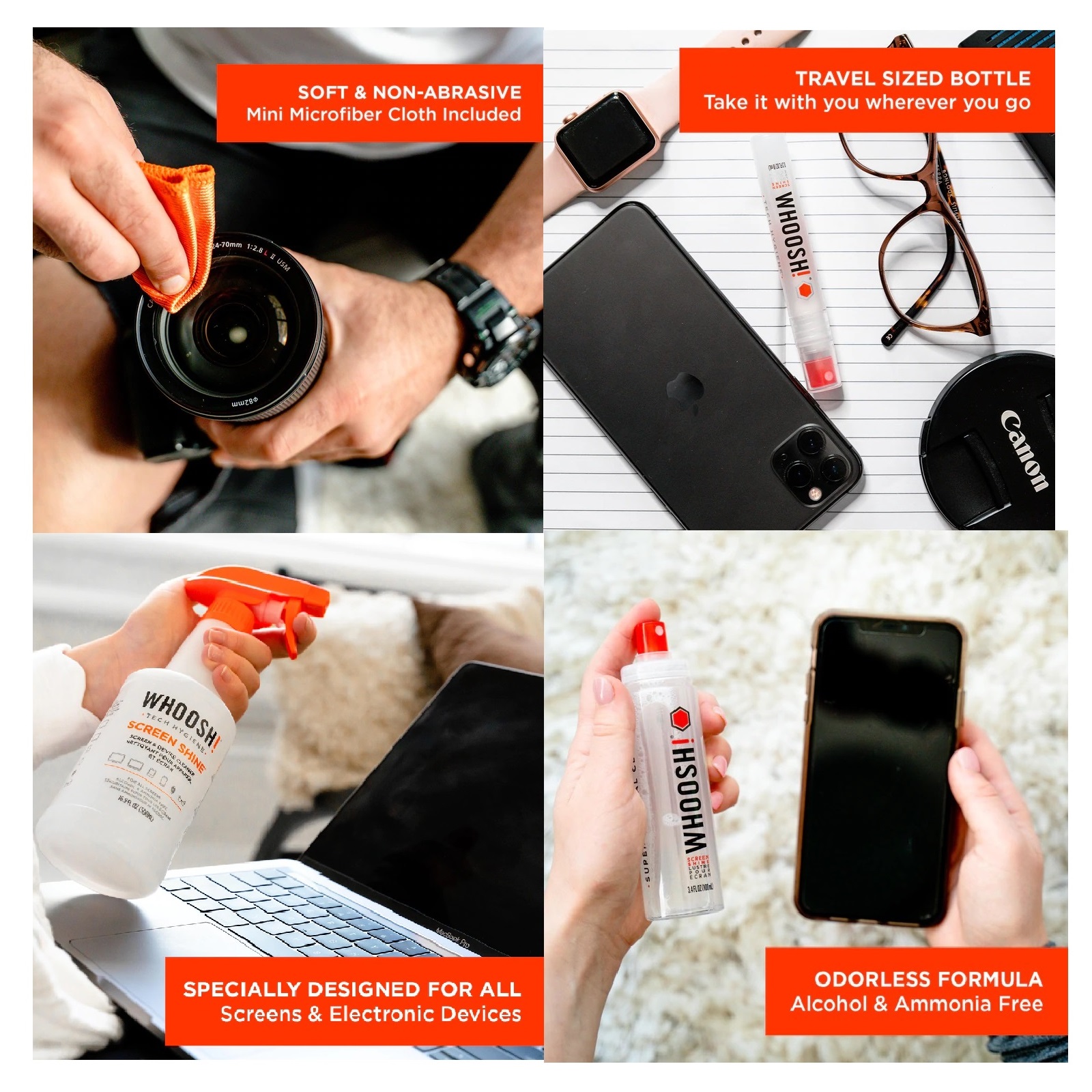 WHOOSH nước lau vệ sinh màn hình mắt kính cao cấp - 100ml + 1 khăn