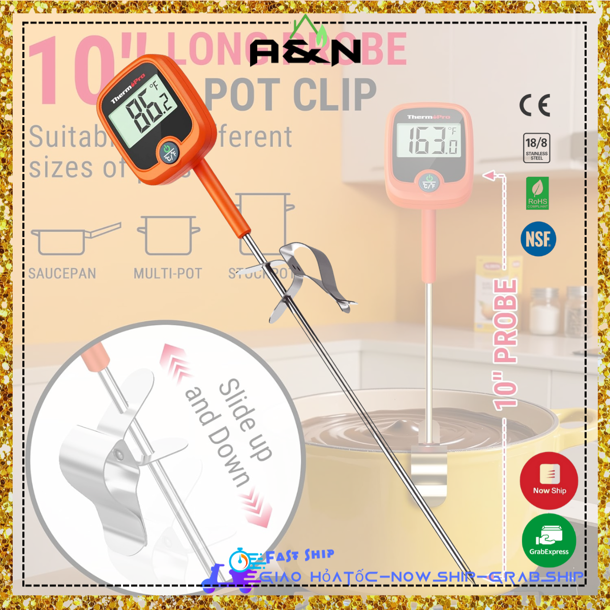 Nhiệt kế kẹo ThermoPro đo thực phẩm có kẹp nồi đầu dò dài 25.4cm