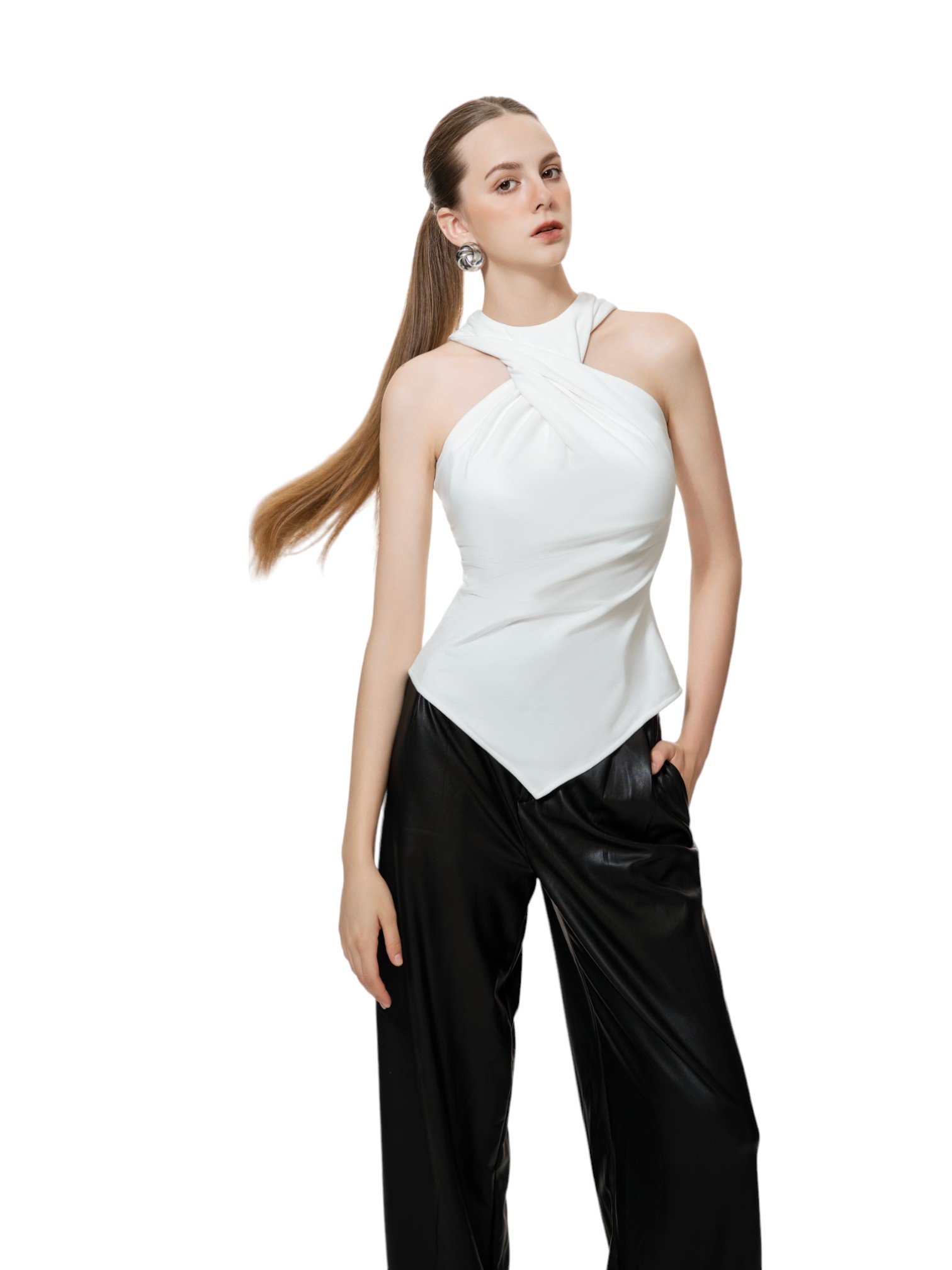 Áo thun cổ xoắn-Asymétrique Top