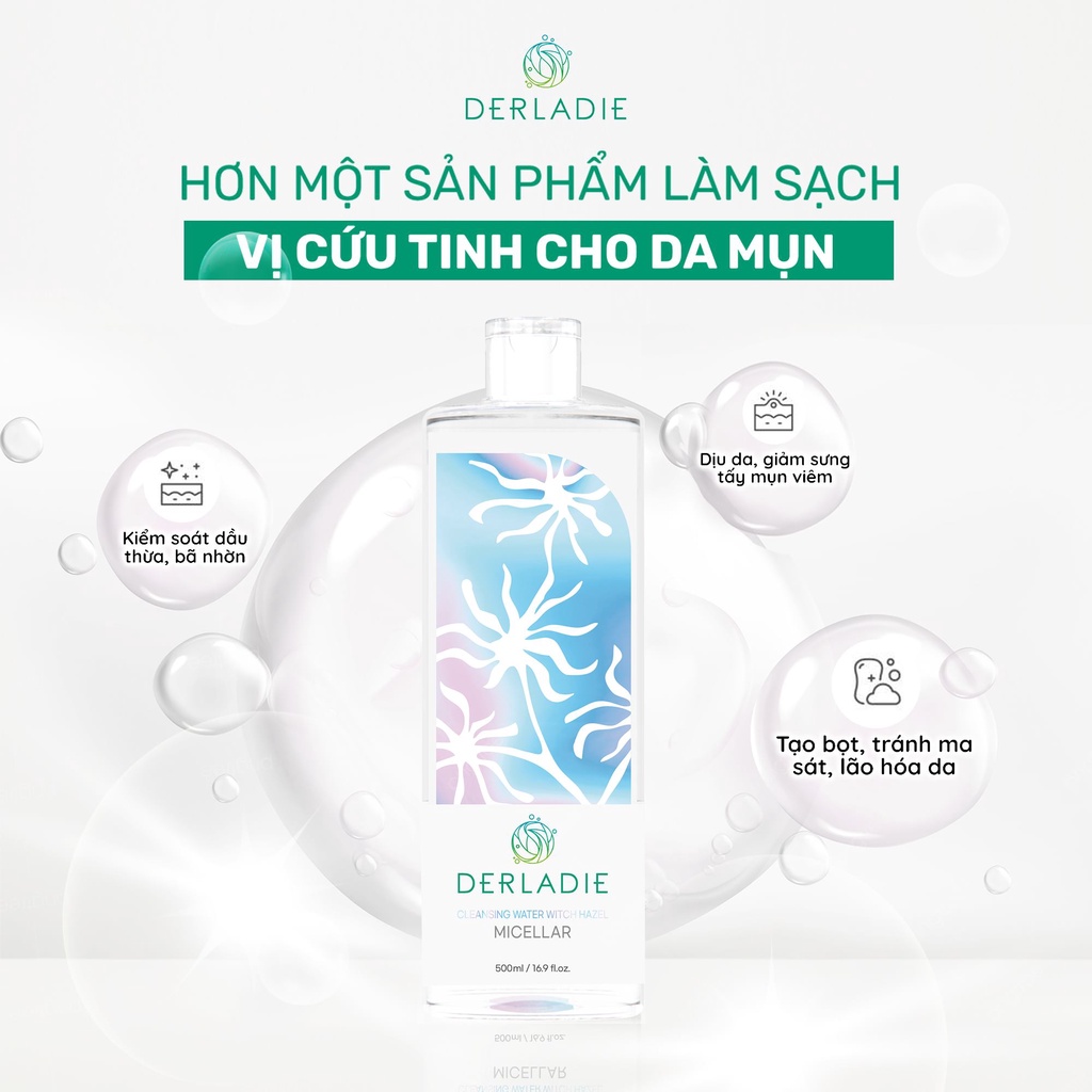 Nước Tẩy Trang Làm Sạch Sâu Cho Da Mụn Derladie Cleansing Water Witch Hazel