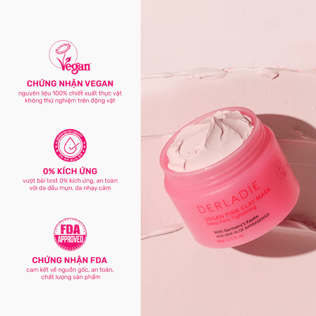 Mặt Nạ Đất Sét Hút Dầu Kiểm Soát Nhờn - Derladie Vegan Pink Clay Mask Deep Pore Tightening