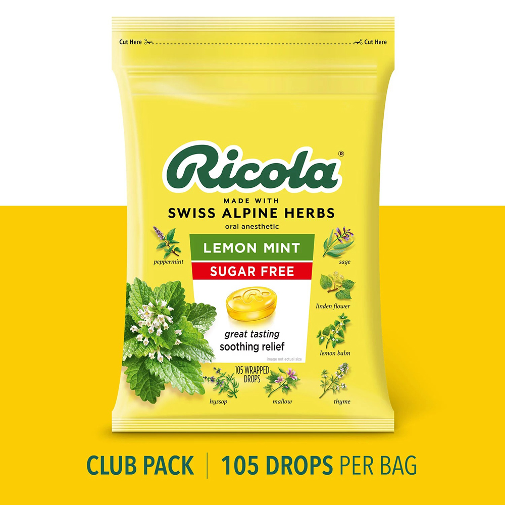 Ricola Lemon Mint 105 drops - Kẹo ngậm giảm ho, không đường Ricola túi 105 viên