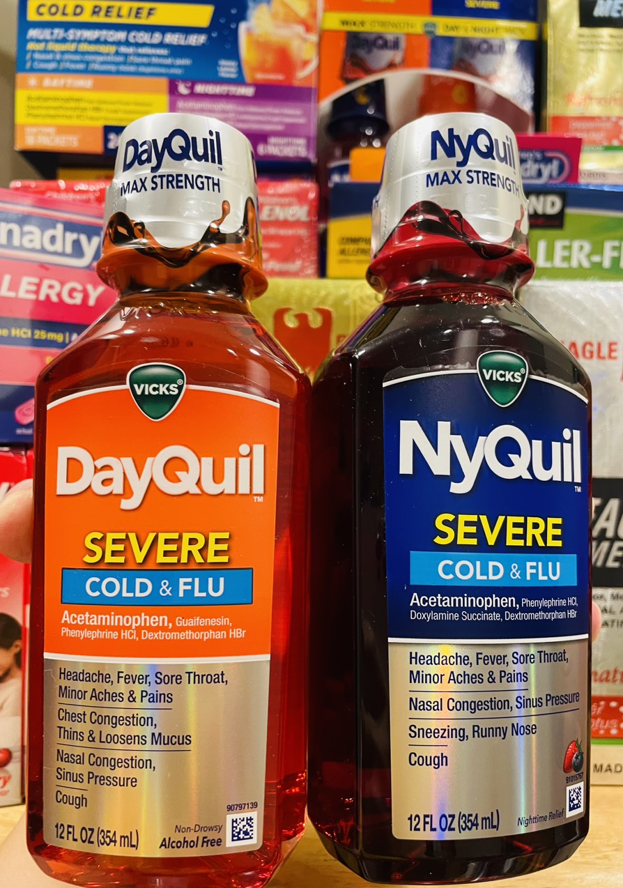 Vick Dayquil NyQuil Severe cold & flu 354ml - Siro trị ho, cảm cúm nhức đầu sổ mũi vị Dâu Berry