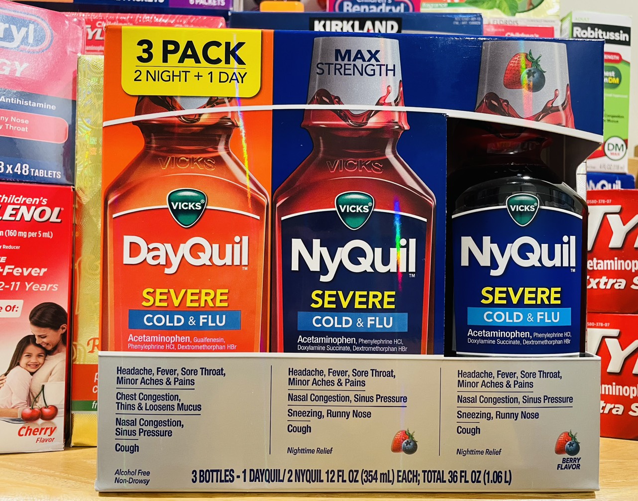 Vick Dayquil NyQuil Severe cold & flu 354ml - Siro trị ho, cảm cúm nhức đầu sổ mũi vị Dâu Berry