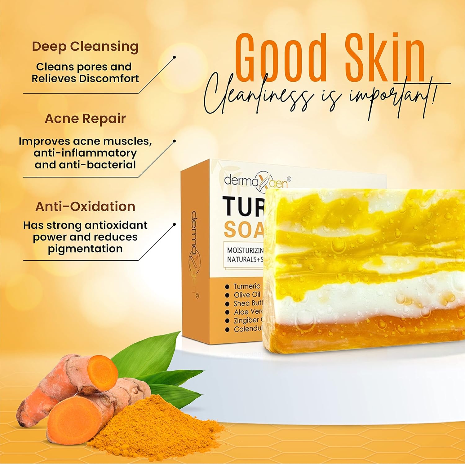 Xà phòng nghệ Tumeric Soap Bar giảm mụn, sẹo, giúp da trắng sáng mịn màng(thanh 100g) Turmeric Soap Bar - Organic Ingredients Calendula + Aloe Vera + Shea Butter + Olive Oil + Zingiber + Coconut Oil For Face And Body Cleanser For Men, Women And Teens