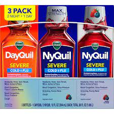 Vick Dayquil NyQuil Severe cold & flu 354ml - Siro trị ho, cảm cúm nhức đầu sổ mũi vị Dâu Berry