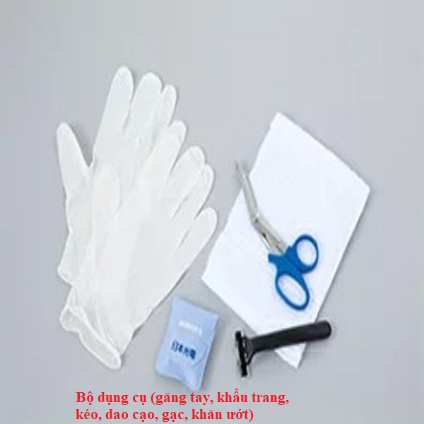 Bộ dụng cụ (găng tay, khẩu trang, kéo, dao cạo, gạc, khăn ướt)