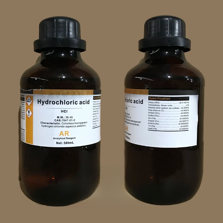 Hydrochloric acid (HCl, CAS 7647-01-0) – Chai thủy tinh 500ml, xuất xứ Trung Quốc