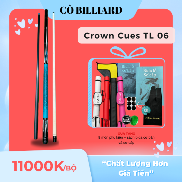 Cơ bida lỗ CROWN CUES TL 06 ( tặng kèm 9 món phụ kiện và sách bida cơ bản + sơ cấp ) ( độc quyền tại CÒ BILLIARD )